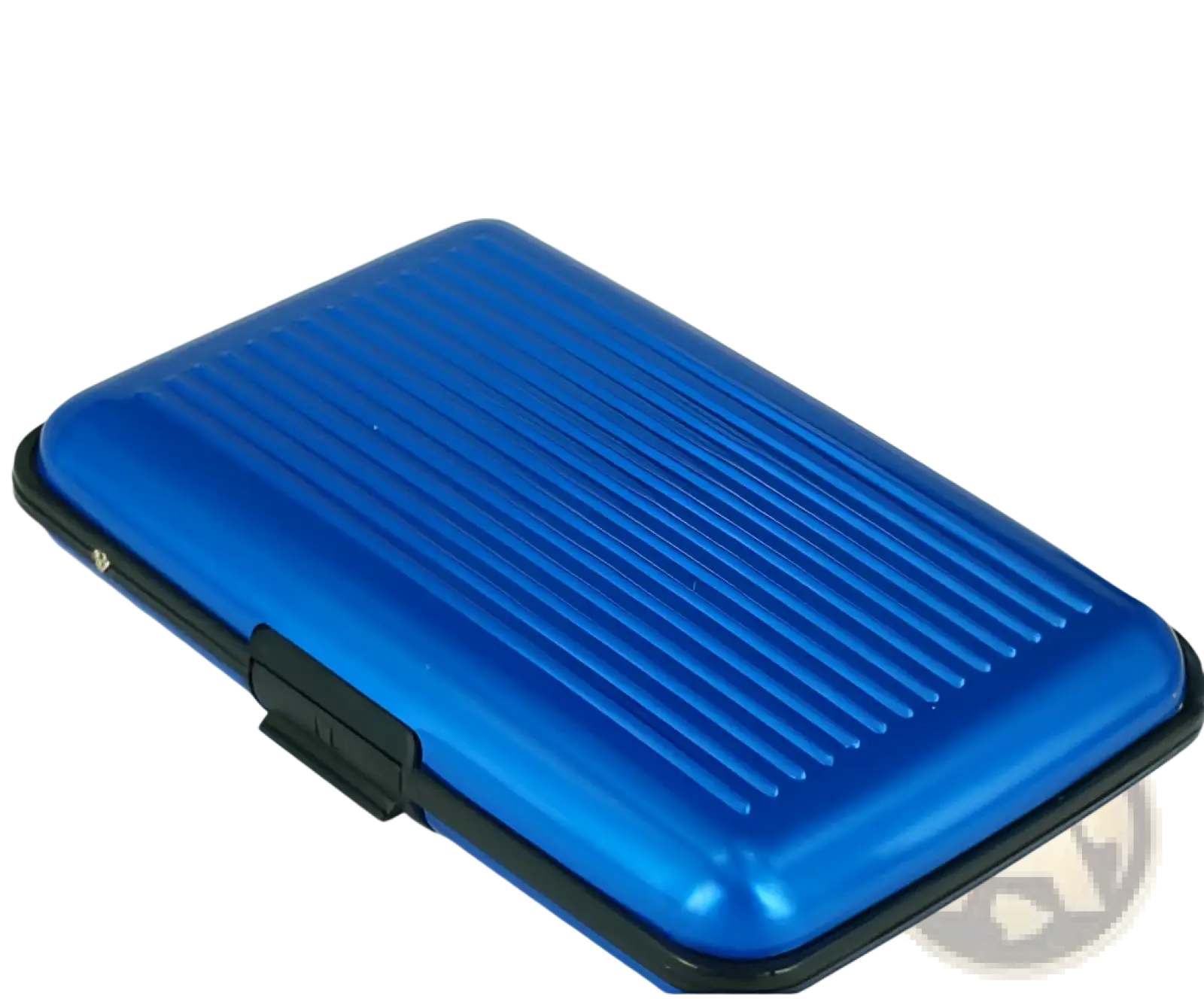 Blue metallic rfid blocking aluminum alloy card holder case with black trim and ribbed texture