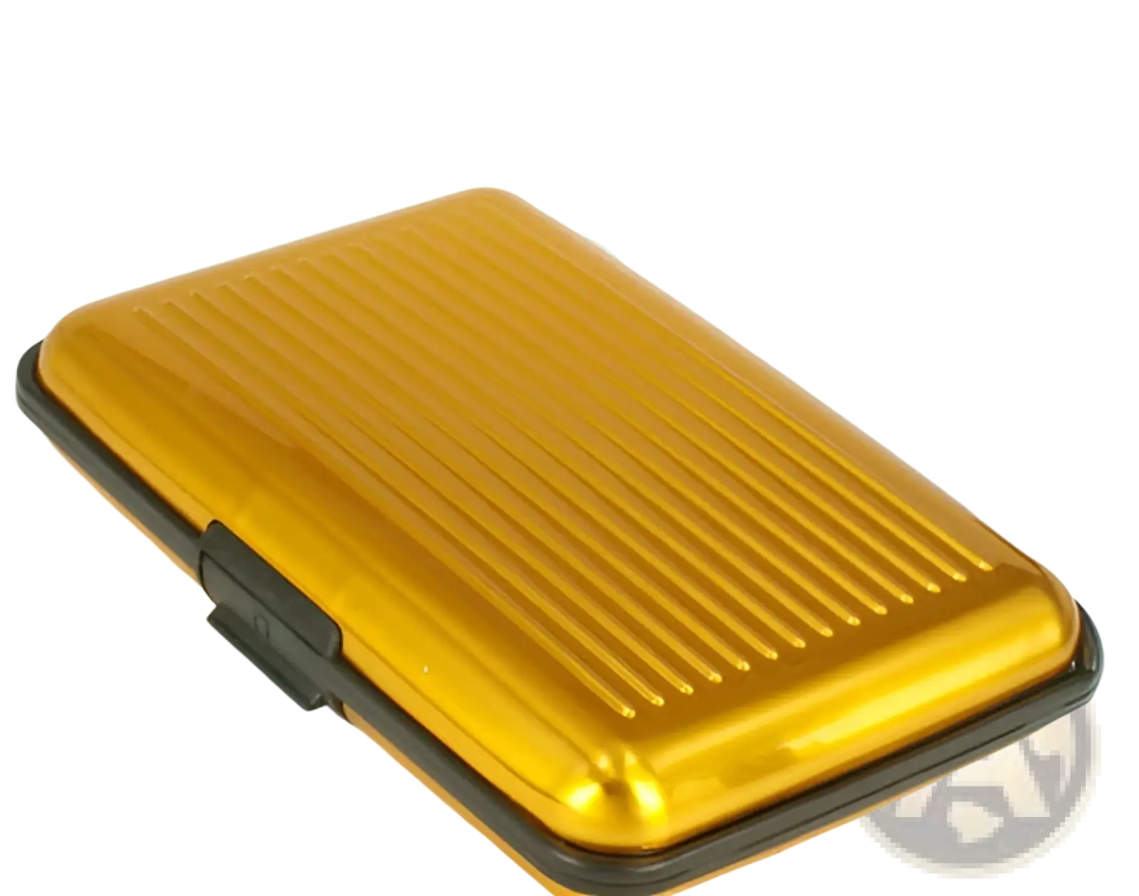 Gold-colored rfid blocking aluminum alloy ribbed card holder case with black plastic trim and small latch