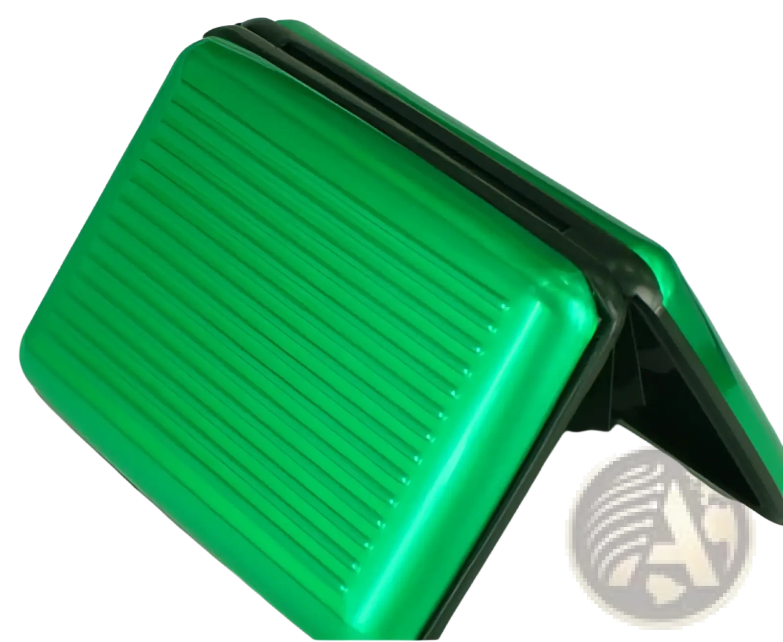 Green metallic rfid blocking aluminum alloy card holder case with black trim and vertical ridges for secure storage