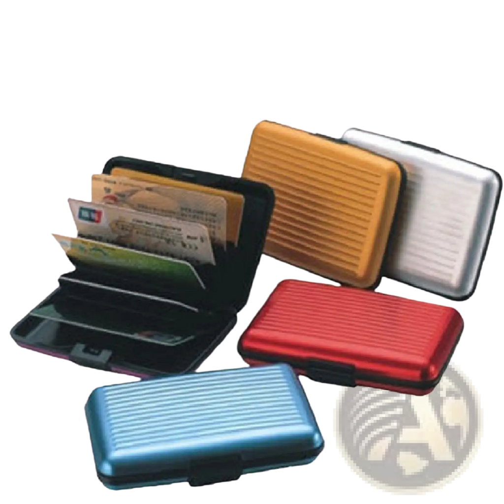 Rfid blocking aluminum alloy ribbed card holder case with snap closure in black red blue yellow and silver colors