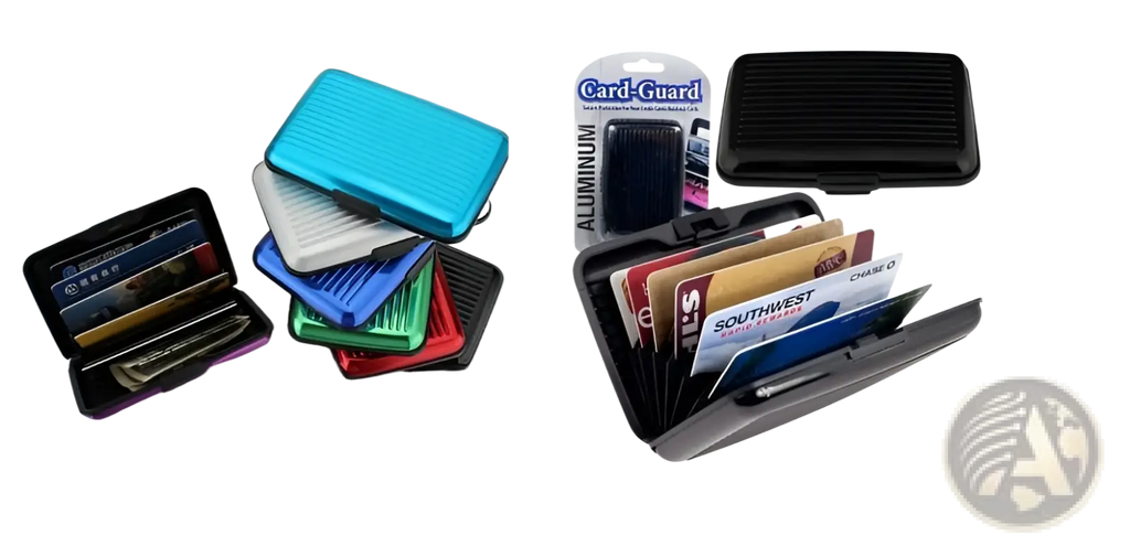 Black aluminum alloy ribbed card holder case with rfid blocking protection and multiple card slots for secure storage