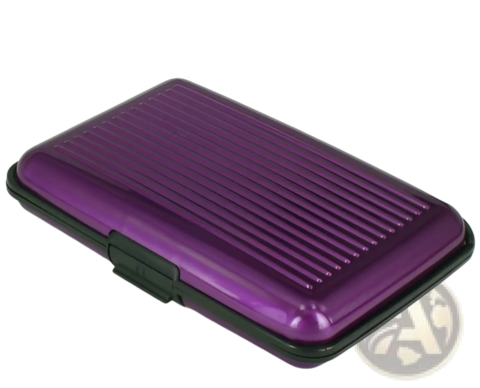 Purple metallic rfid blocking aluminum alloy ribbed card holder case with black trim and vertical ridges visible