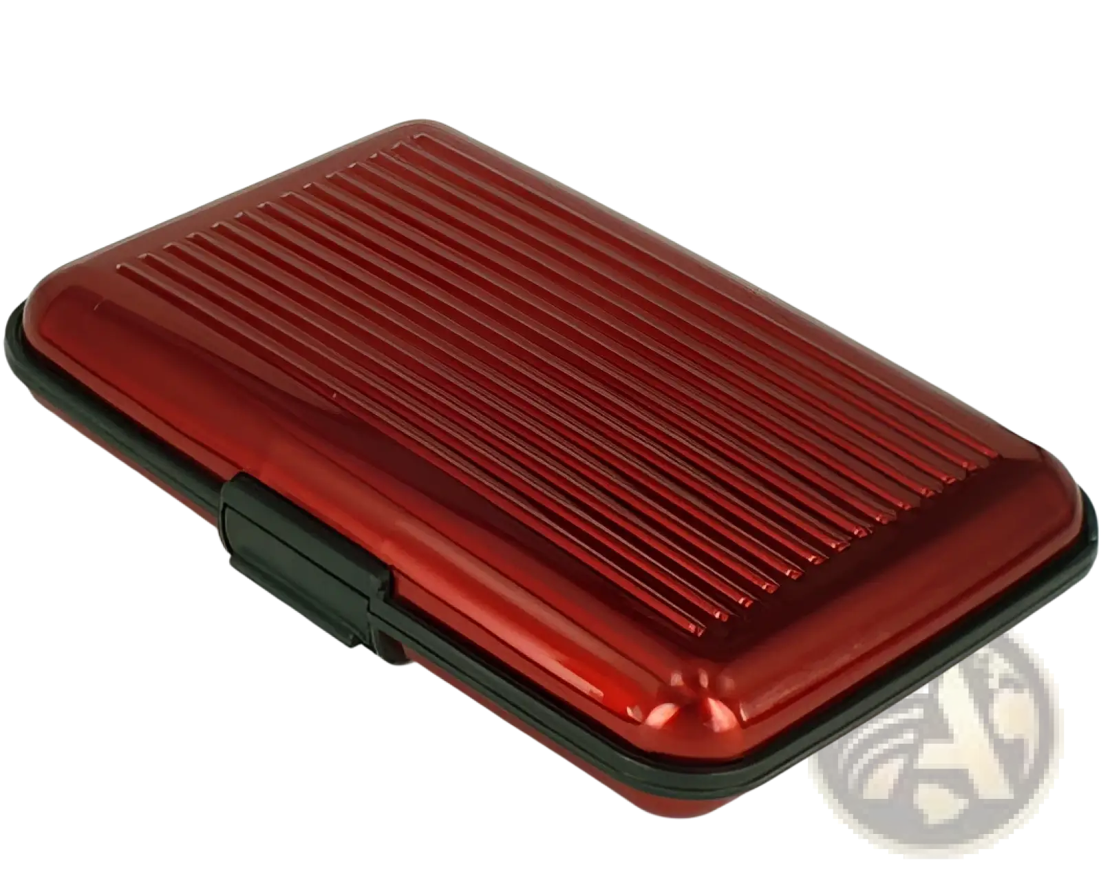 Red metallic rfid blocking aluminum alloy ribbed card holder case with black trim and textured surface