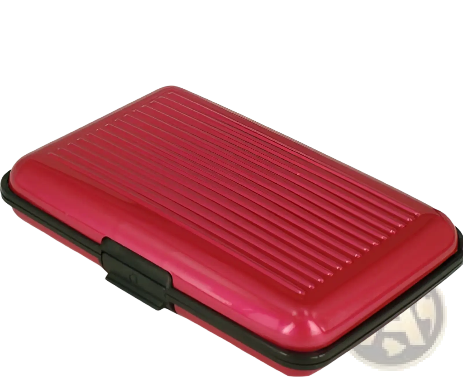 Pink ribbed aluminum alloy card holder case with black trim and latch featuring rfid blocking protection