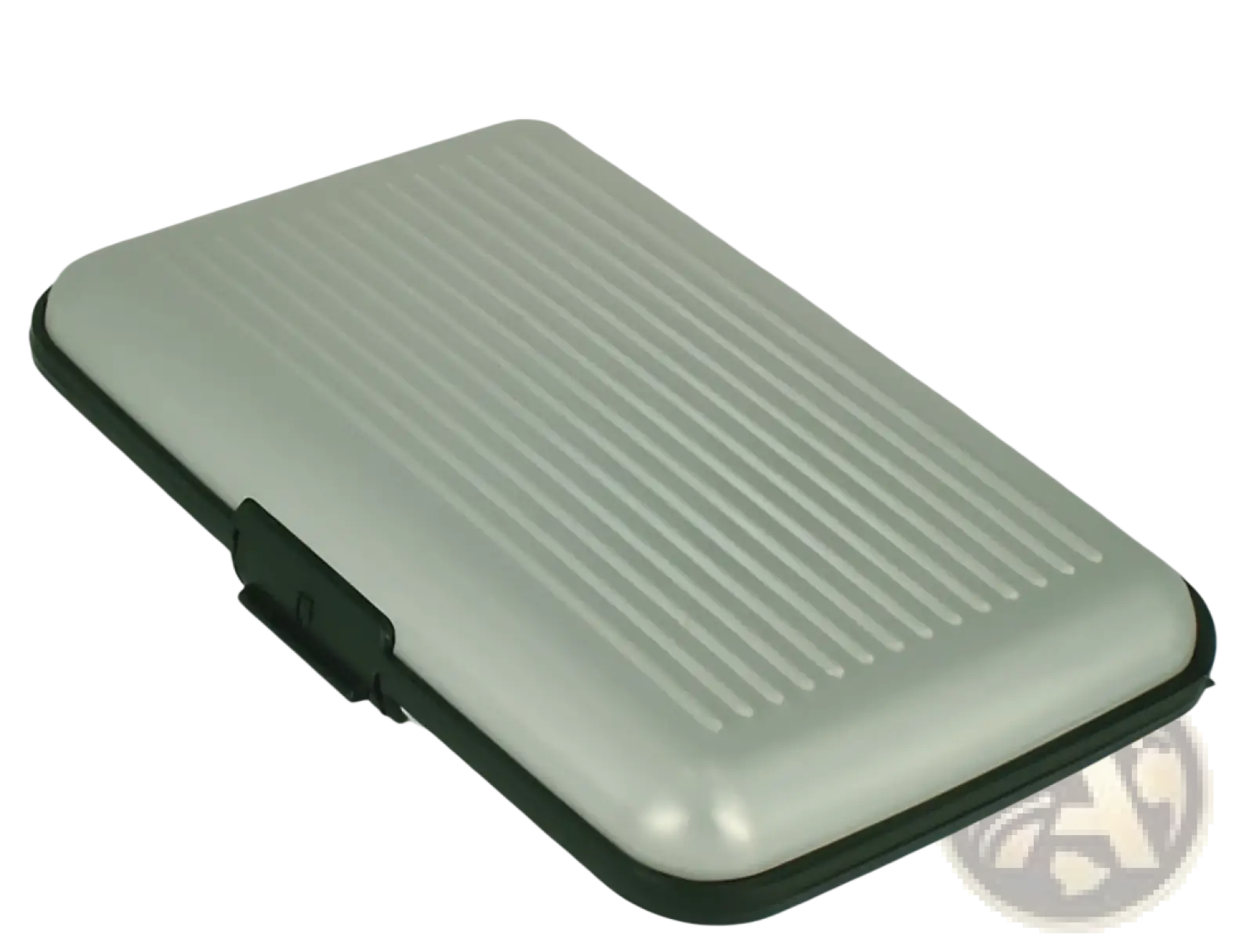 Silver metallic rfid blocking aluminum alloy ribbed card holder case with black trim and textured surface