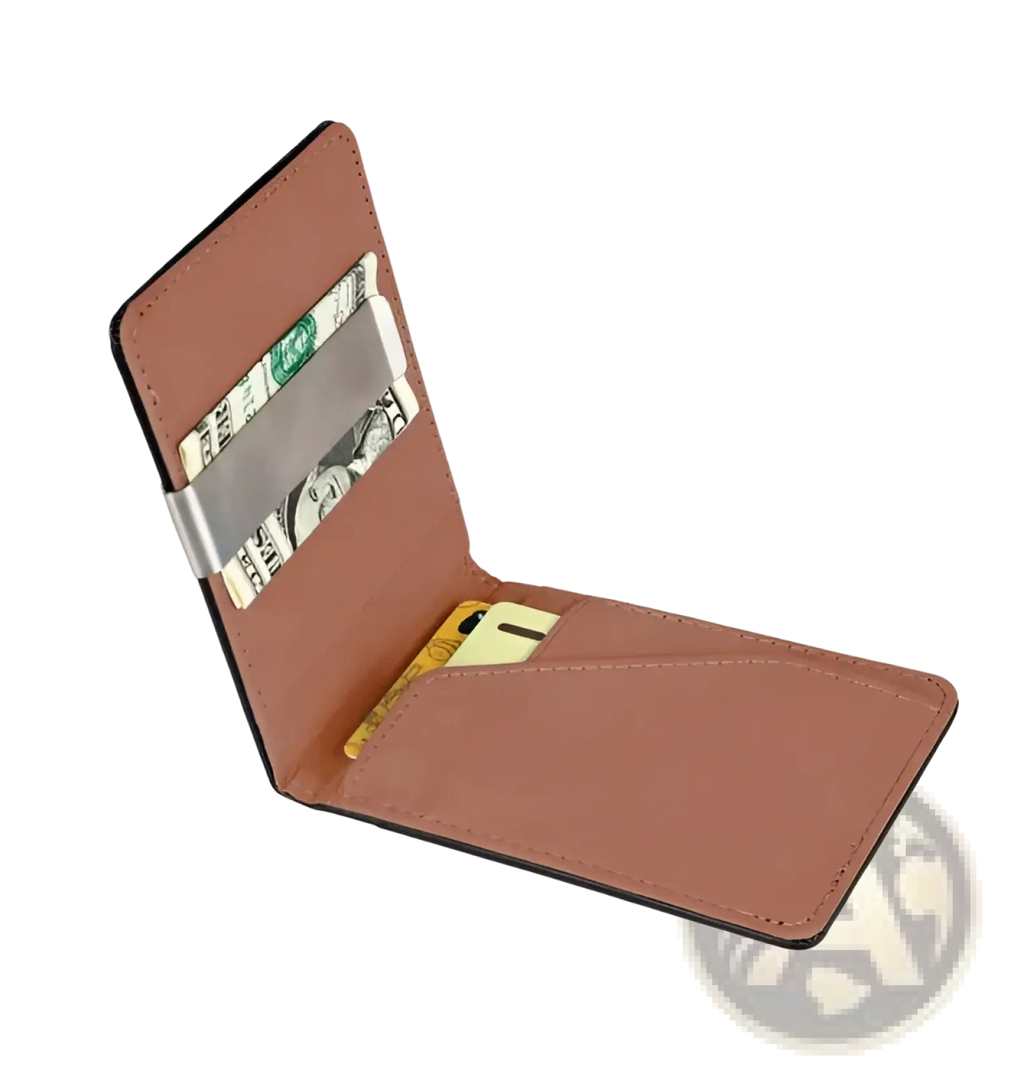 Brown leather bifold money clip wallet with rfid blocking slim pu leather and a yellow credit card in slot