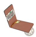 Brown leather bifold money clip wallet with rfid blocking slim pu leather and a yellow credit card in slot