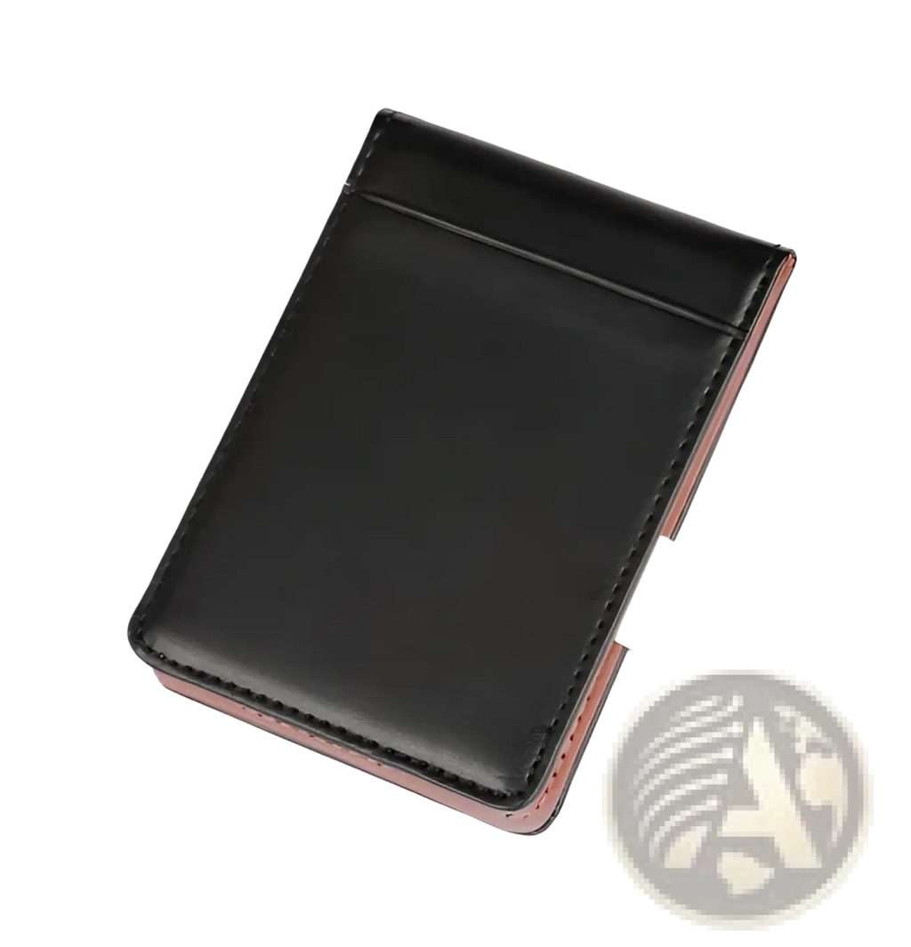 Black leather rfid blocking slim bifold money clip wallet with tan stitching along the edges