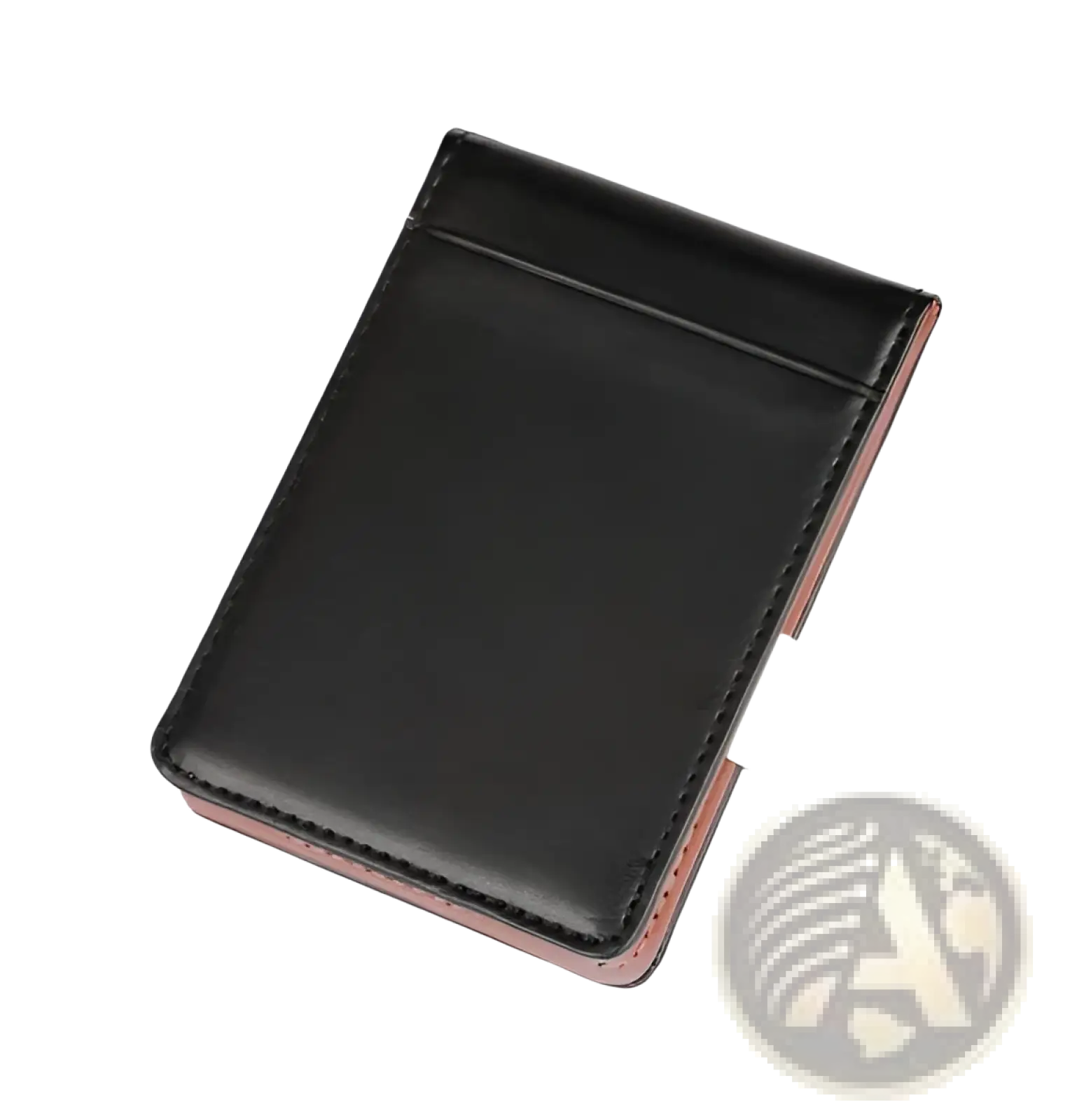 Black leather rfid blocking slim bifold money clip wallet with tan stitching along the edges