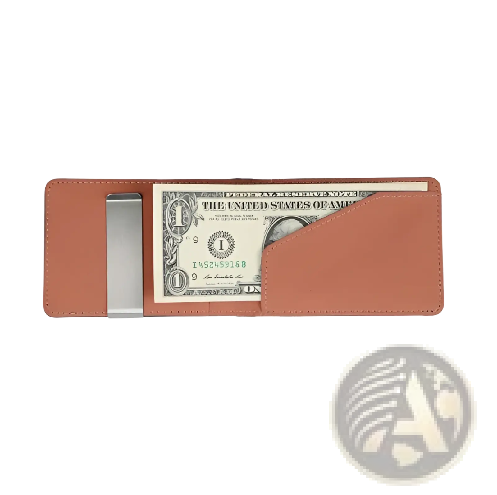 Rfid blocking slim tan pu leather bifold money clip wallet with silver clasp holding a one dollar bill