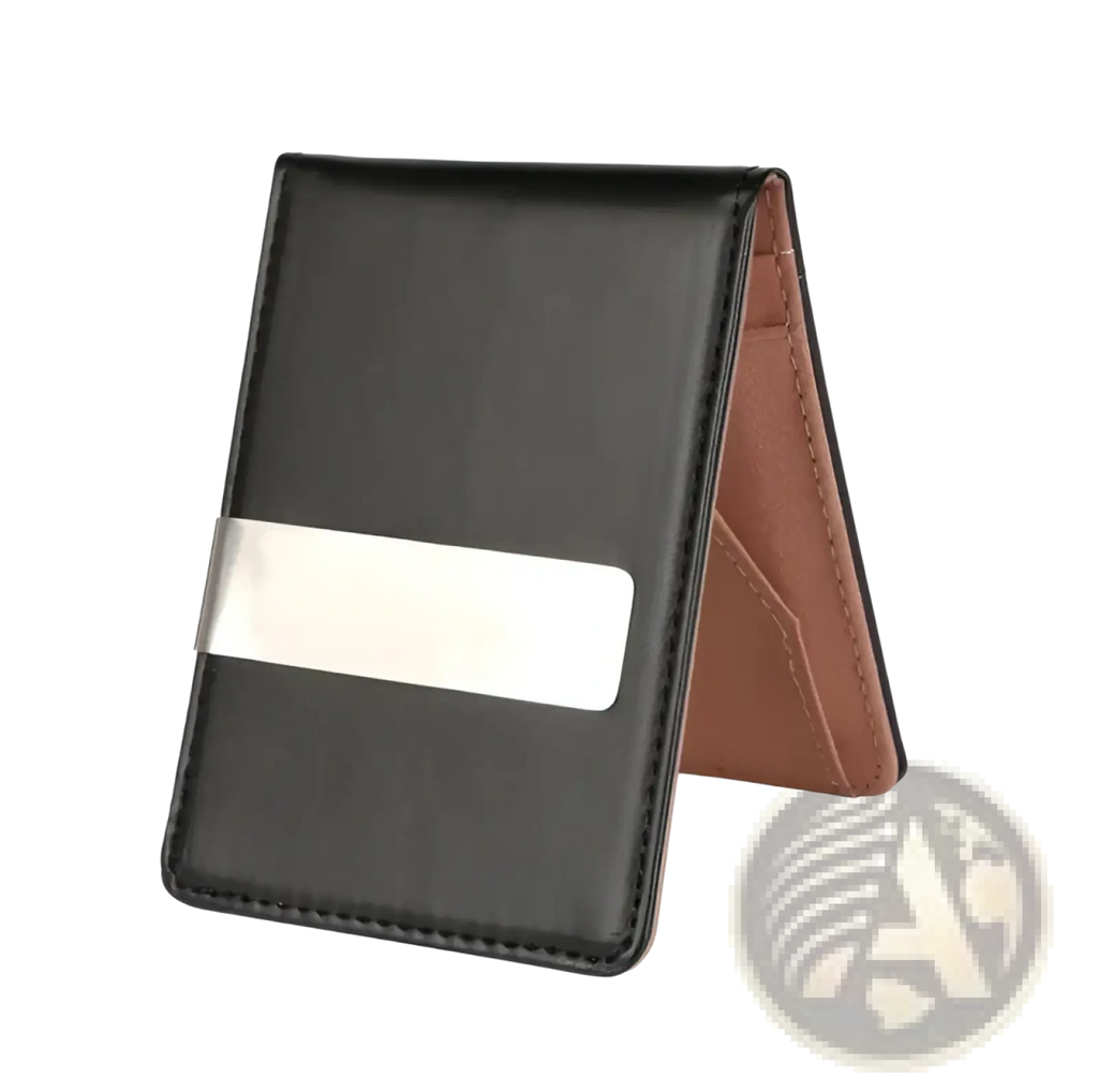 Rfid blocking slim pu leather bifold money clip wallet in black with silver strip and brown interior lining