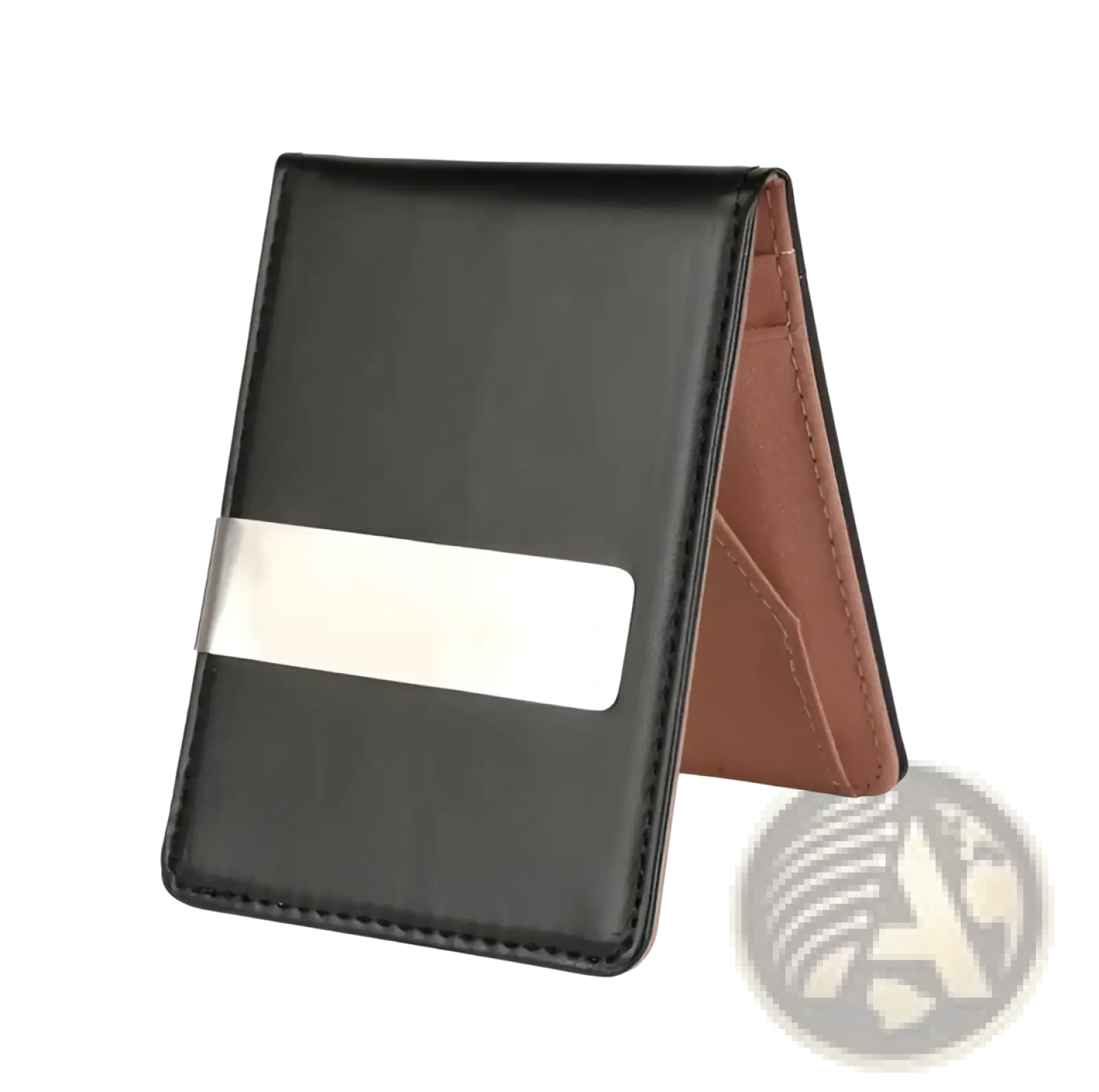 Rfid blocking slim pu leather bifold money clip wallet in black with silver strip and brown interior lining