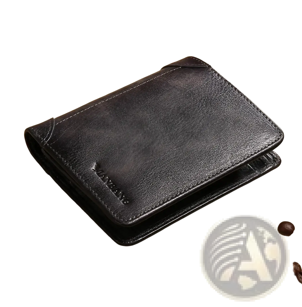 Black leather rfid bifold wallet for men with visible stitching and subtle embossed brand logo visible on the front