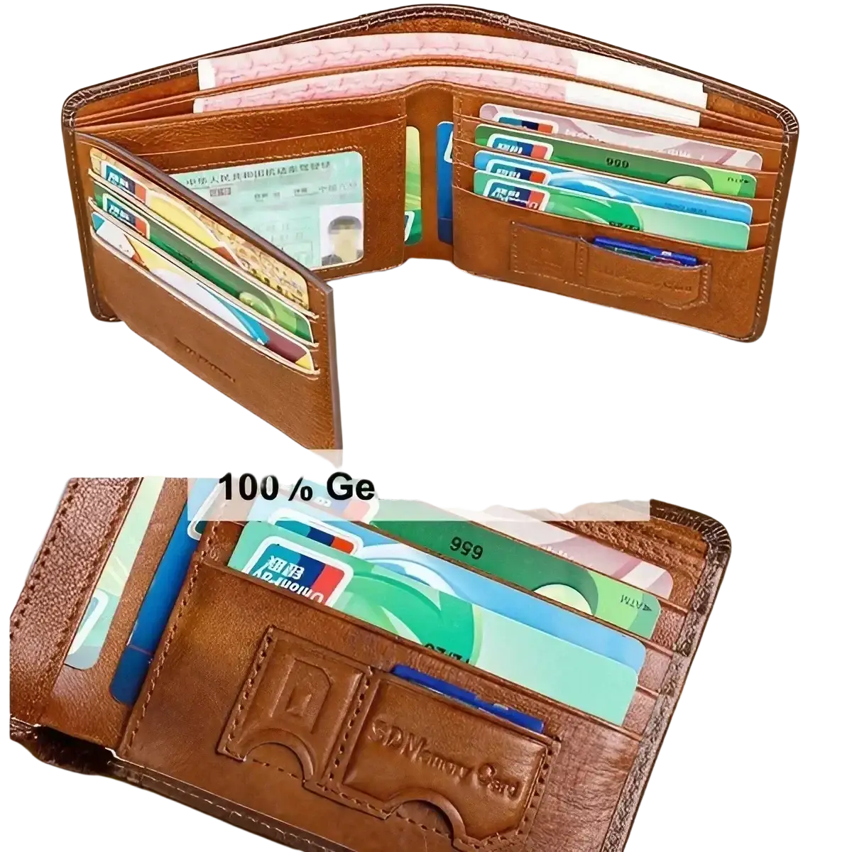 Brown leather RFID bifold wallet for men with multiple card slots and dedicated SD memory card compartment