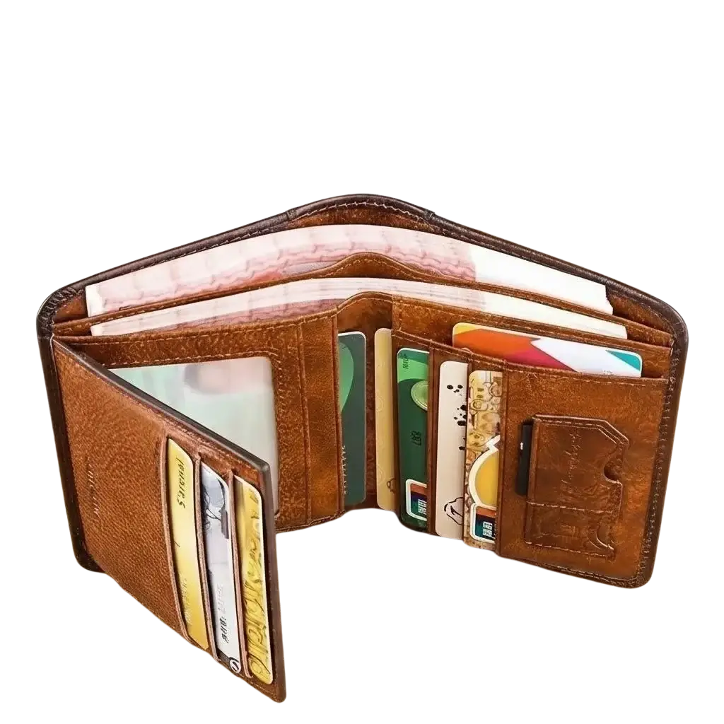 Brown leather rfid bifold wallet for men with multiple card slots bill compartment and embossed exterior detailing
