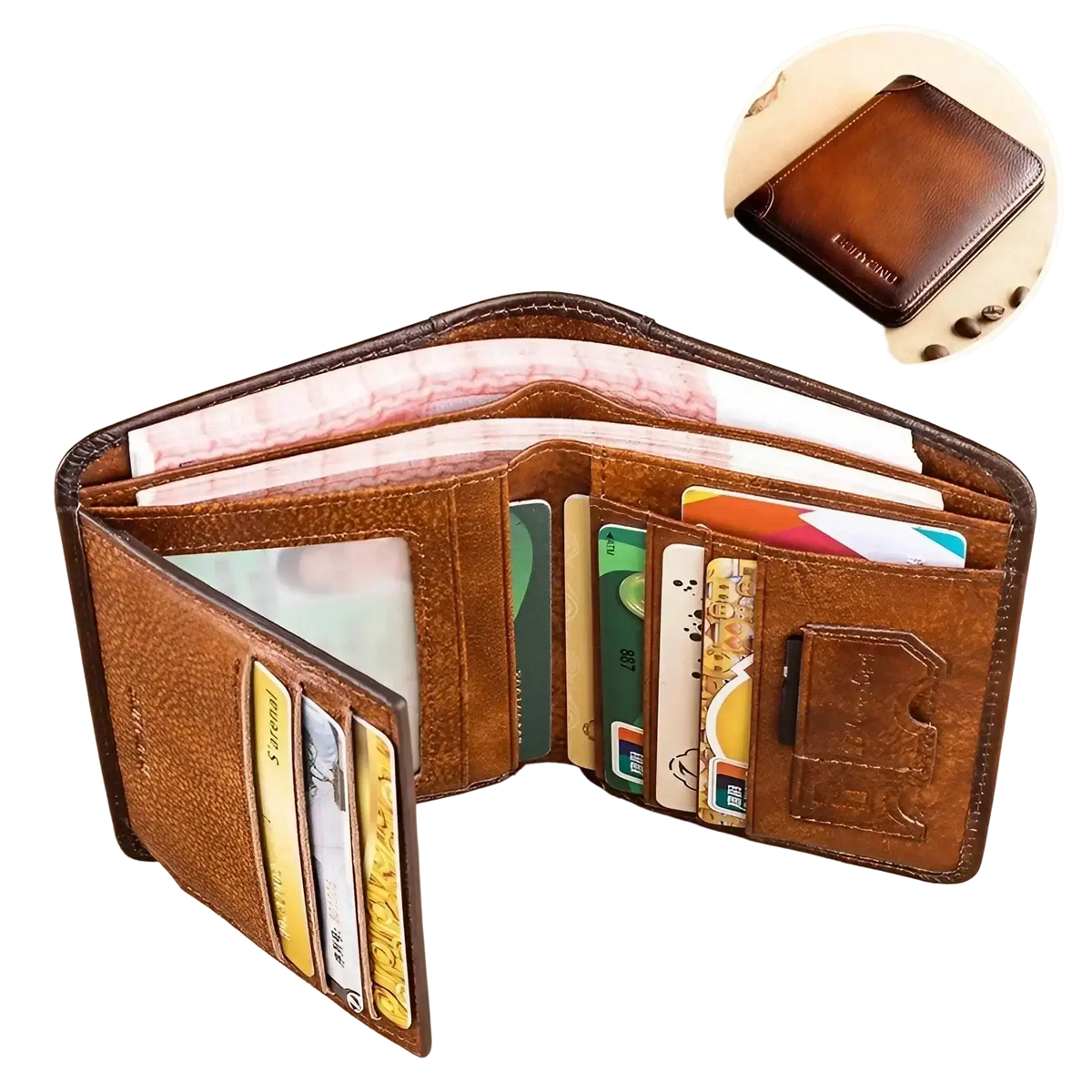 Brown leather bifold wallet for men with rfid protection multiple card slots and textured surface
