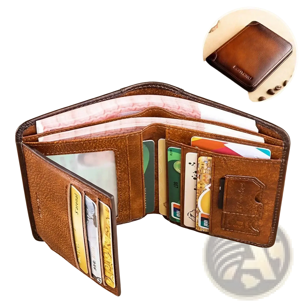 Brown leather bifold wallet for men with rfid protection multiple card slots and textured surface
