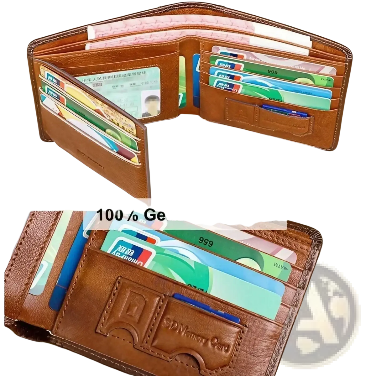 Brown leather RFID bifold wallet for men with multiple card slots and dedicated SD memory card compartment