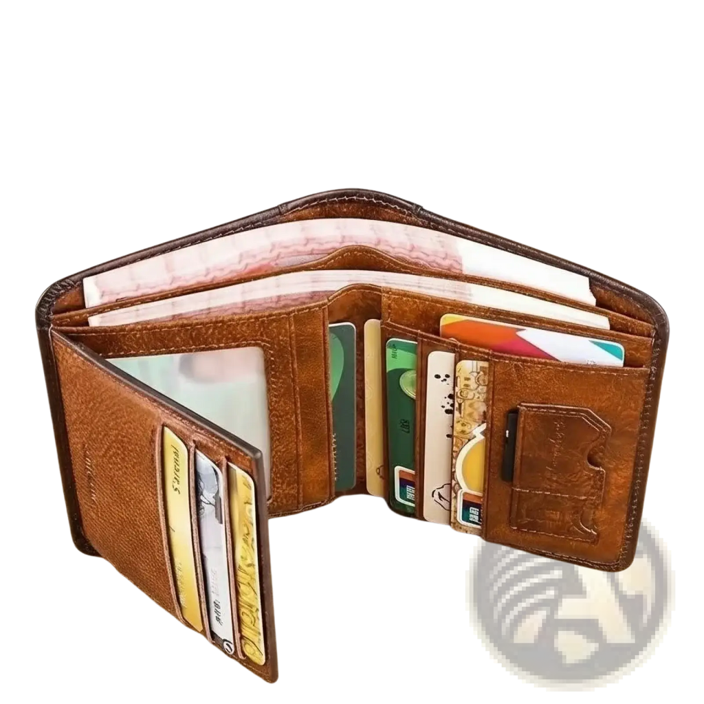 Brown leather rfid bifold wallet for men with multiple card slots bill compartment and embossed exterior detailing