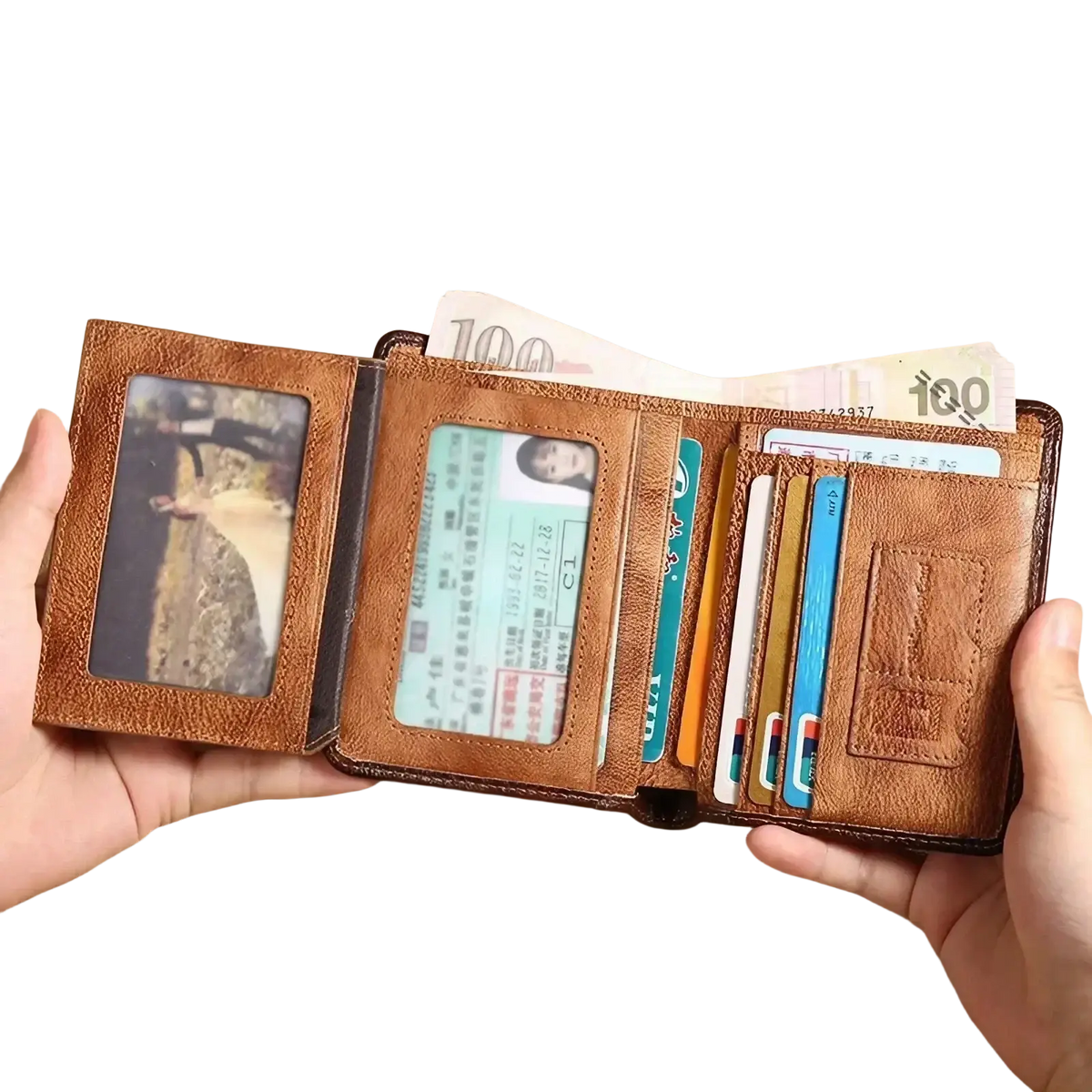 Brown leather tri-fold rfid wallet for men with multiple card slots photo id window and visible currency compartments