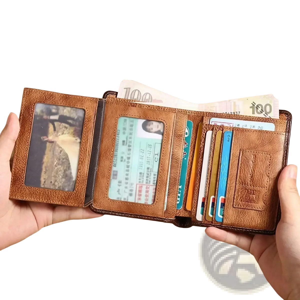 Brown leather tri-fold rfid wallet for men with multiple card slots photo id window and visible currency compartments