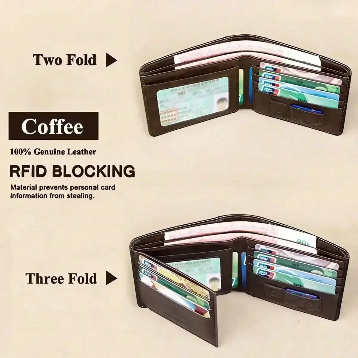 Brown two-fold and three-fold rfid leather bifold wallets for men made of 100% genuine leather with rfid blocking material