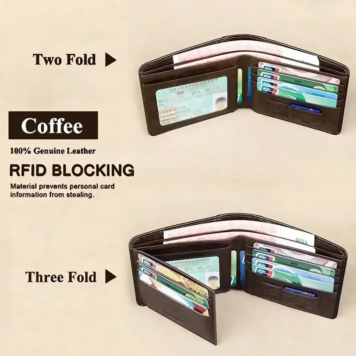 Brown two-fold and three-fold rfid leather bifold wallets for men made of 100% genuine leather with rfid blocking material