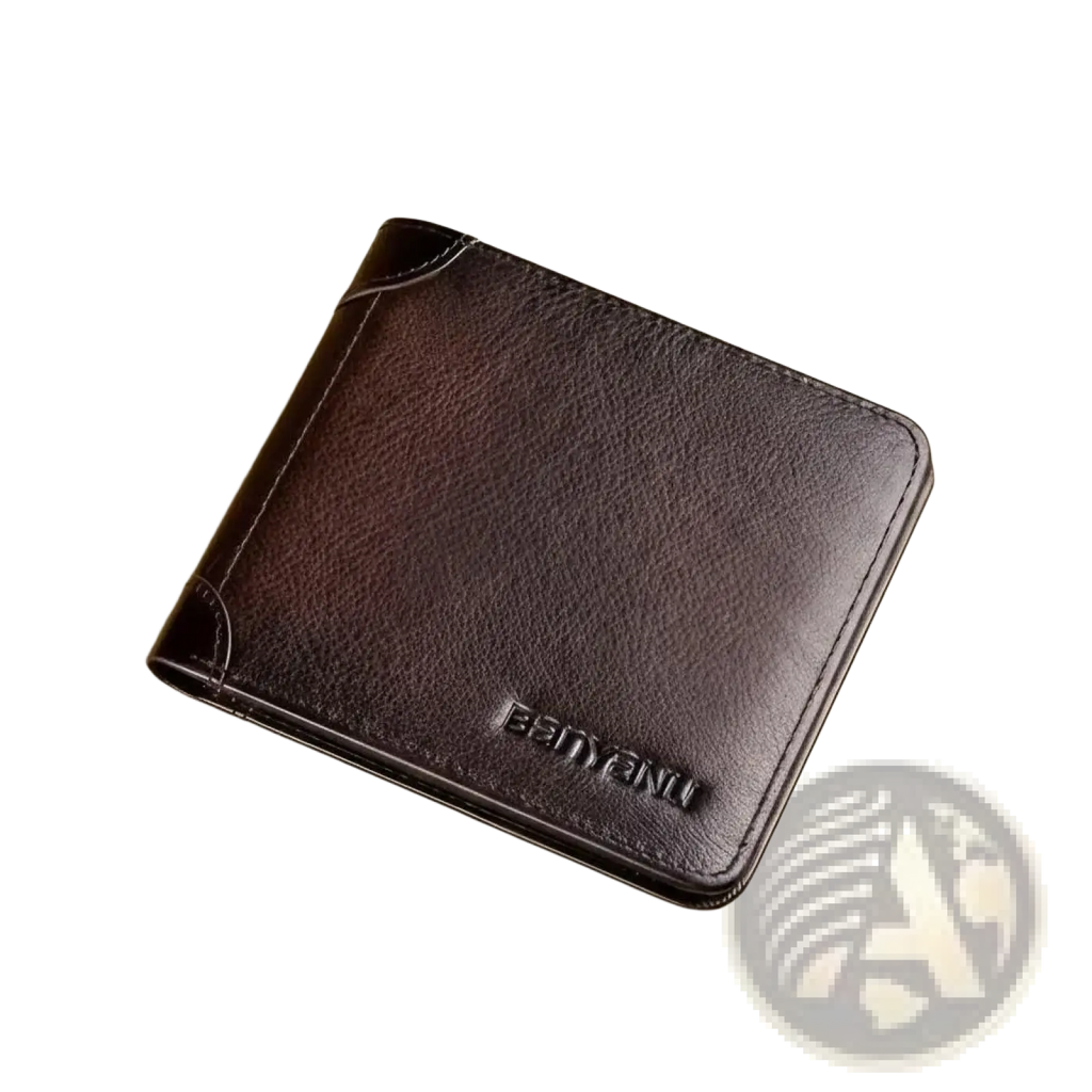 Dark brown leather RFID bifold wallet for men with embossed benyanu branding on the front