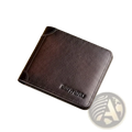 Dark brown leather RFID bifold wallet for men with embossed benyanu branding on the front
