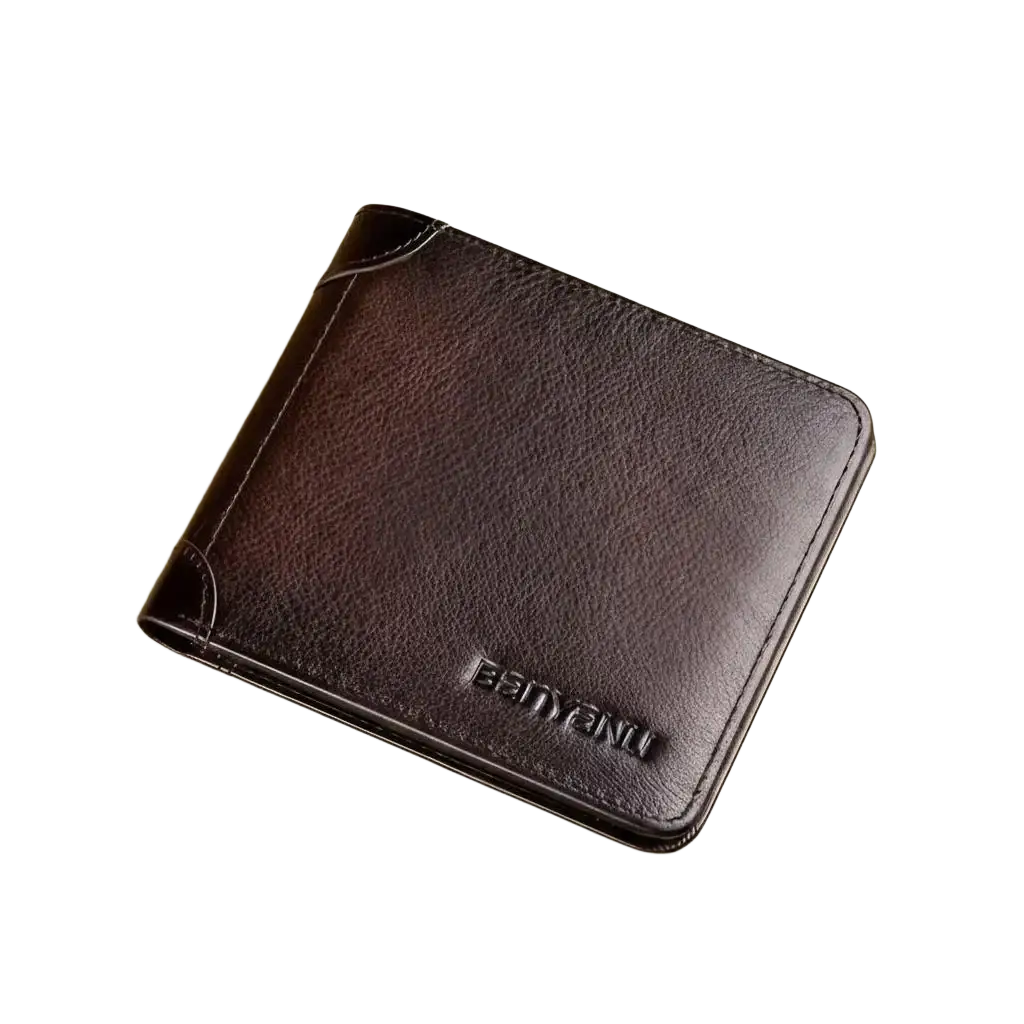 Dark brown leather RFID bifold wallet for men with embossed benyanu branding on the front