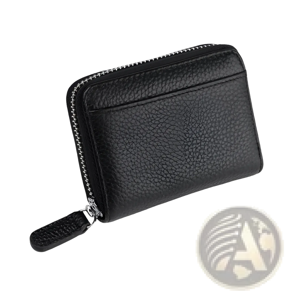 Black textured leather rfid card wallet with zipper coin pocket and rfid protection in sage green color