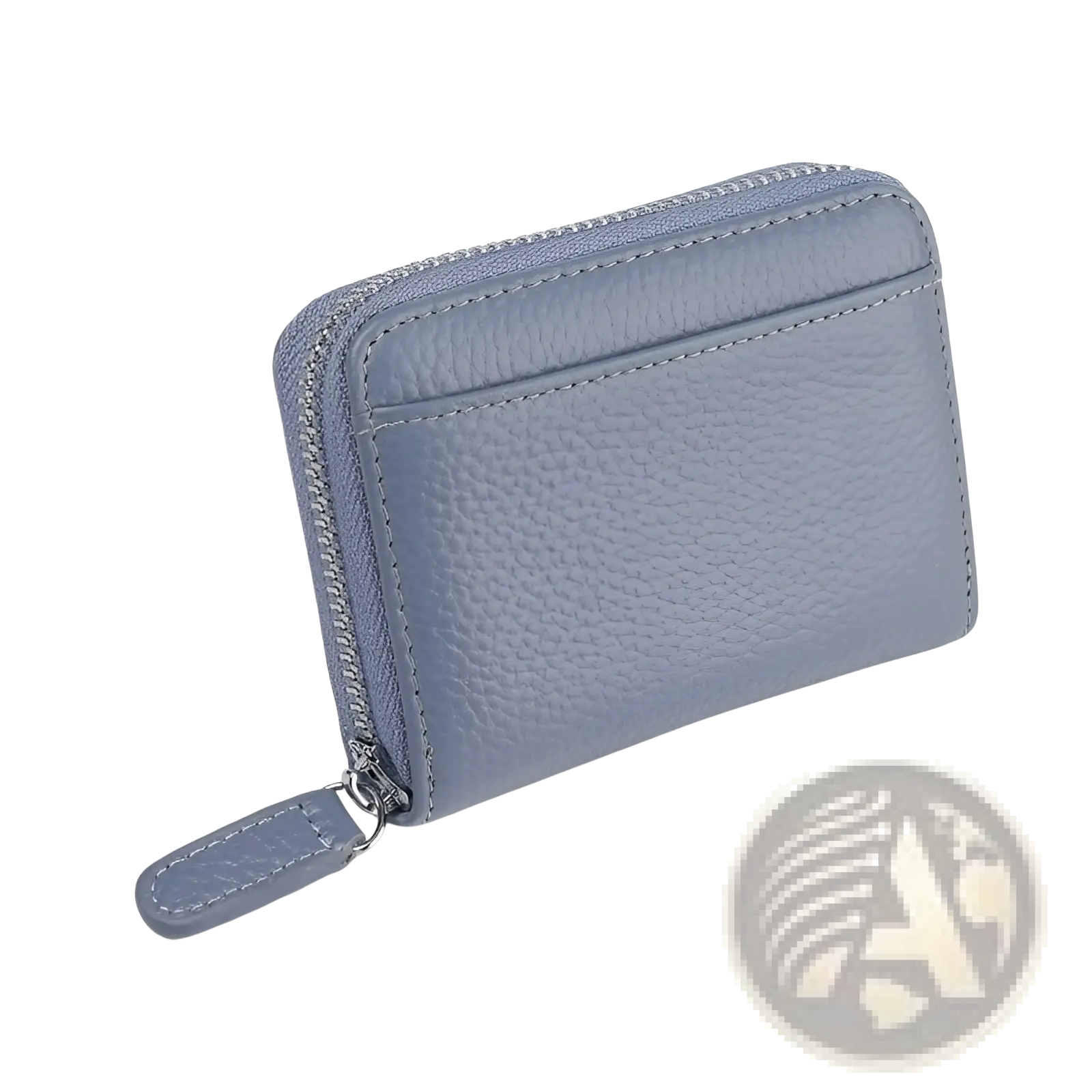 Light blue textured leather rfid card wallet with zipper coin pocket for secure card and coin storage