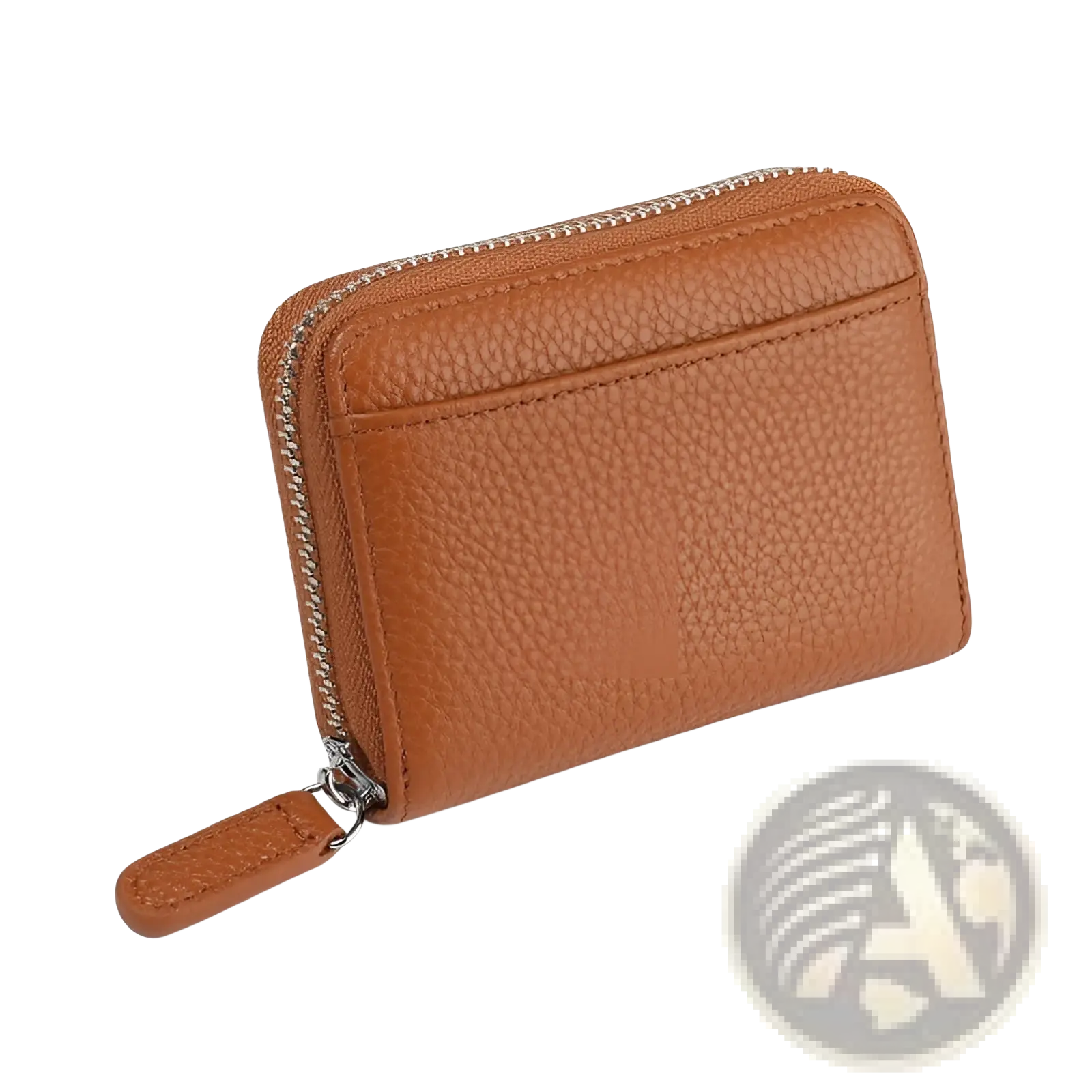Brown pebbled leather rfid card wallet with silver-toned zipper and pull tab in sage green with zippered coin pocket