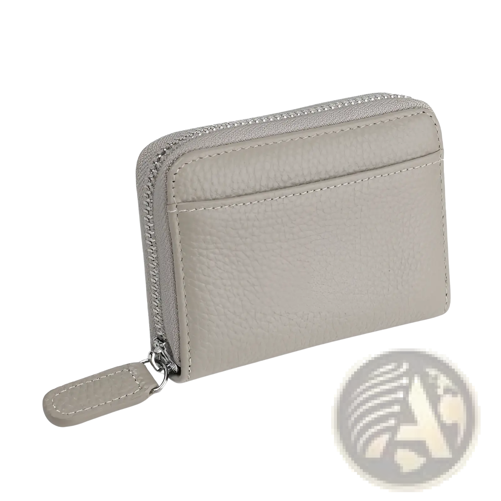 Rfid leather card wallet in sage green with textured grey leather silver zipper and rfid protection features