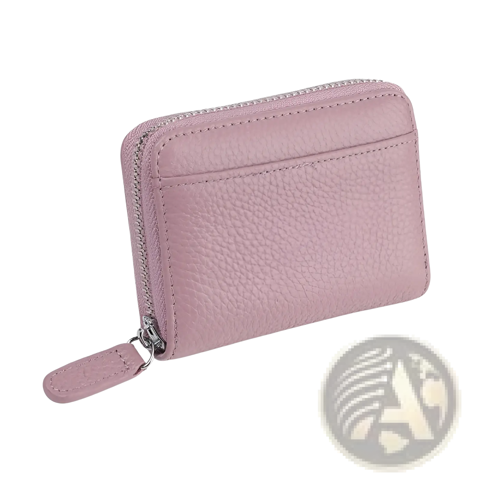 Soft bean pink leather rfid card wallet with silver zipper and pull tab featuring a textured finish