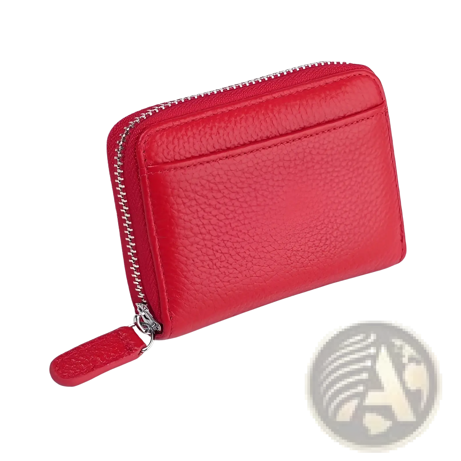Red textured leather rfid card wallet with silver zipper pull and zippered coin pocket in sage green color