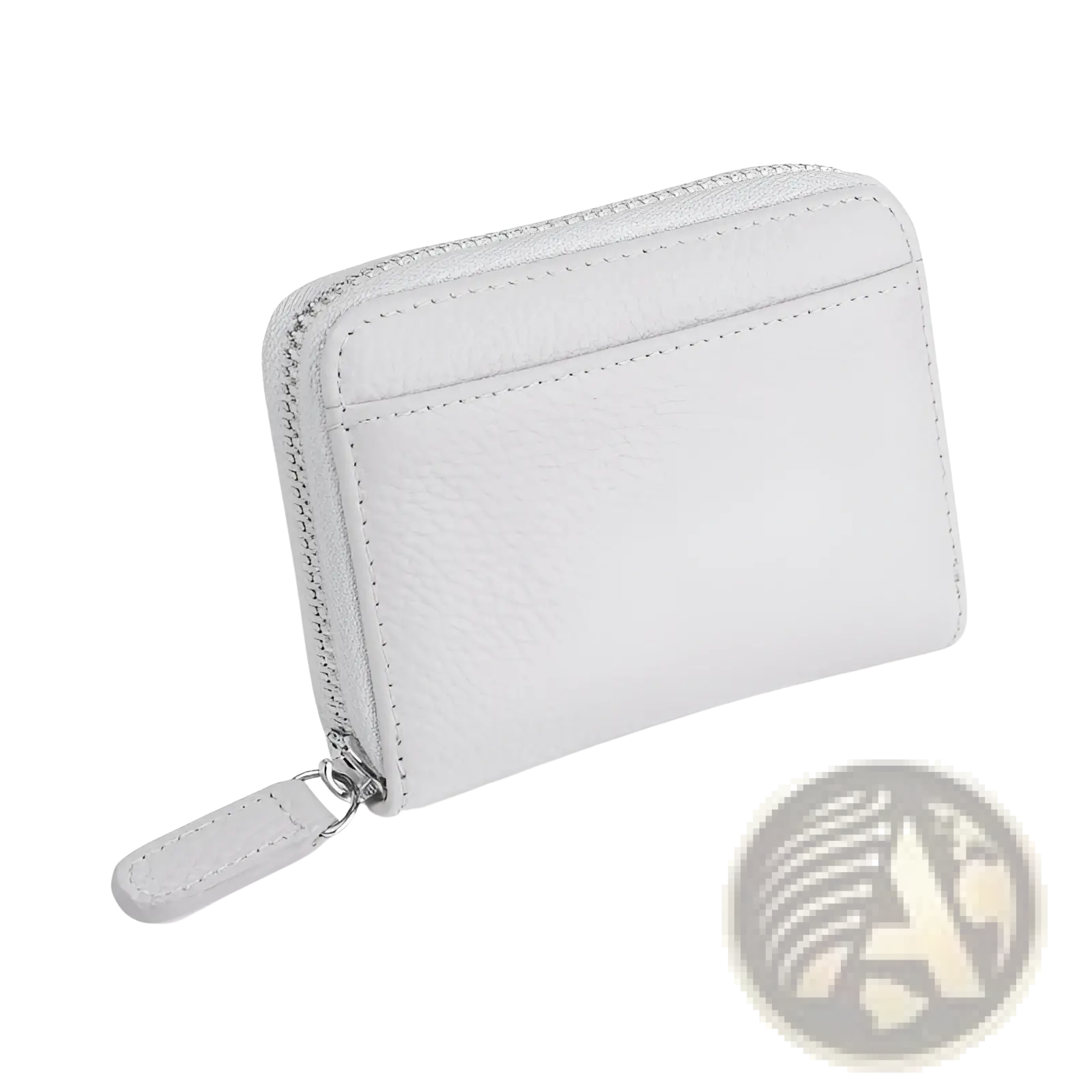 A sleek seashell-colored leather RFID card wallet with zipper coin pocket and silver-toned zipper pull in sage green