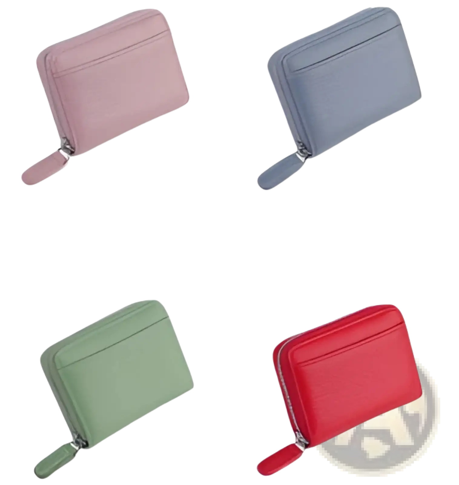 Compact rfid leather card wallet with zipper coin pocket in textured bean pink, blue, green, and red colors