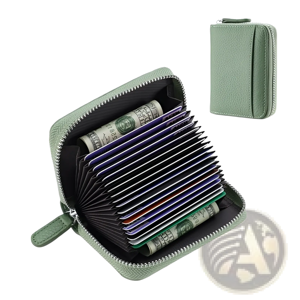 A compact sage green rfid leather card wallet with zipper coin pocket made of textured cowhide