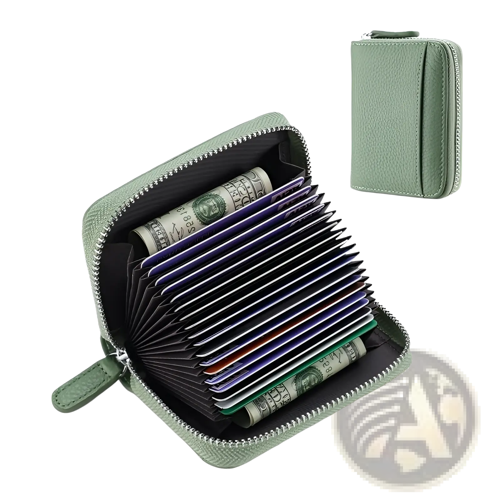 A compact sage green rfid leather card wallet with zipper coin pocket made of textured cowhide