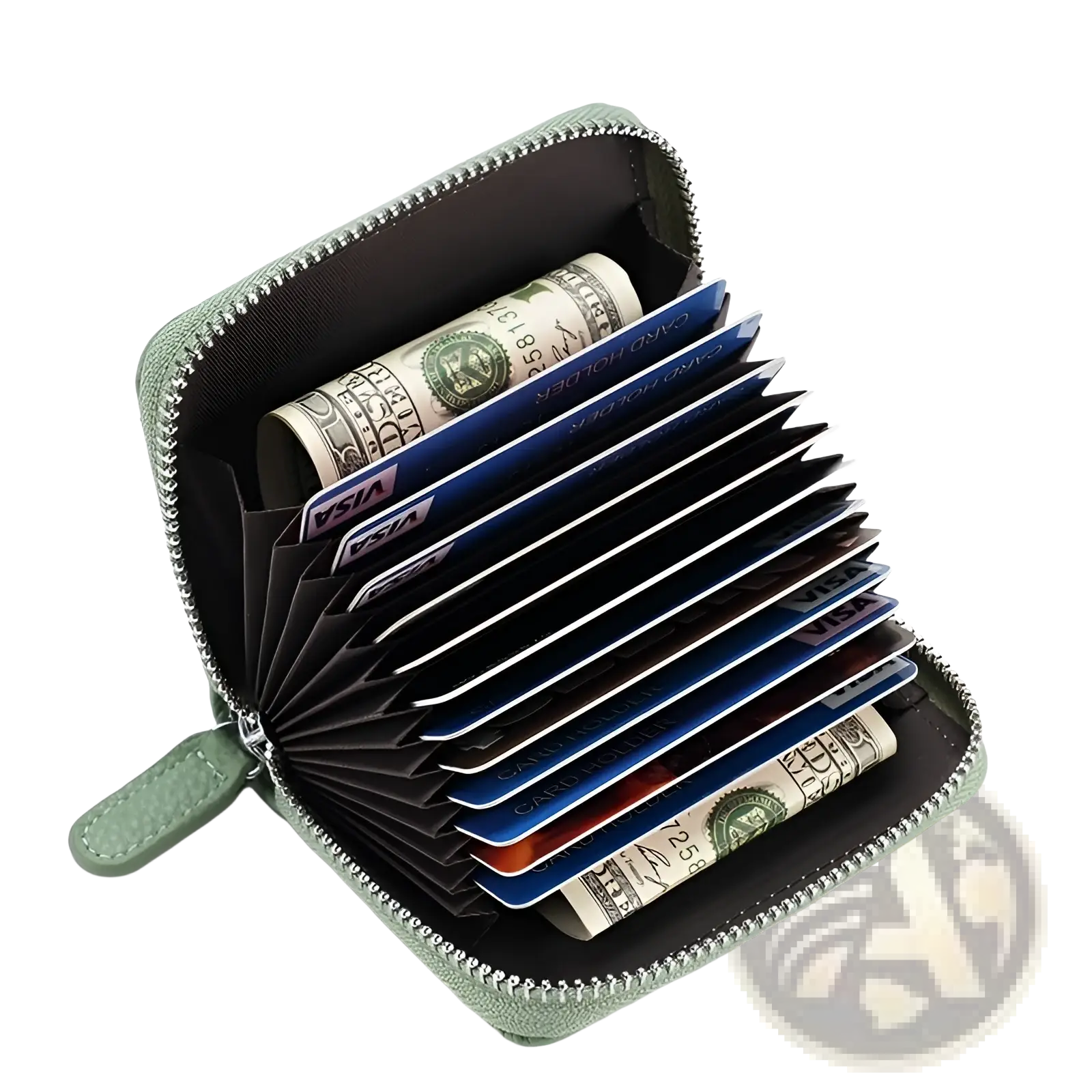 Rfid leather card wallet in sage green with zipper coin pocket light green leather exterior and black interior slots