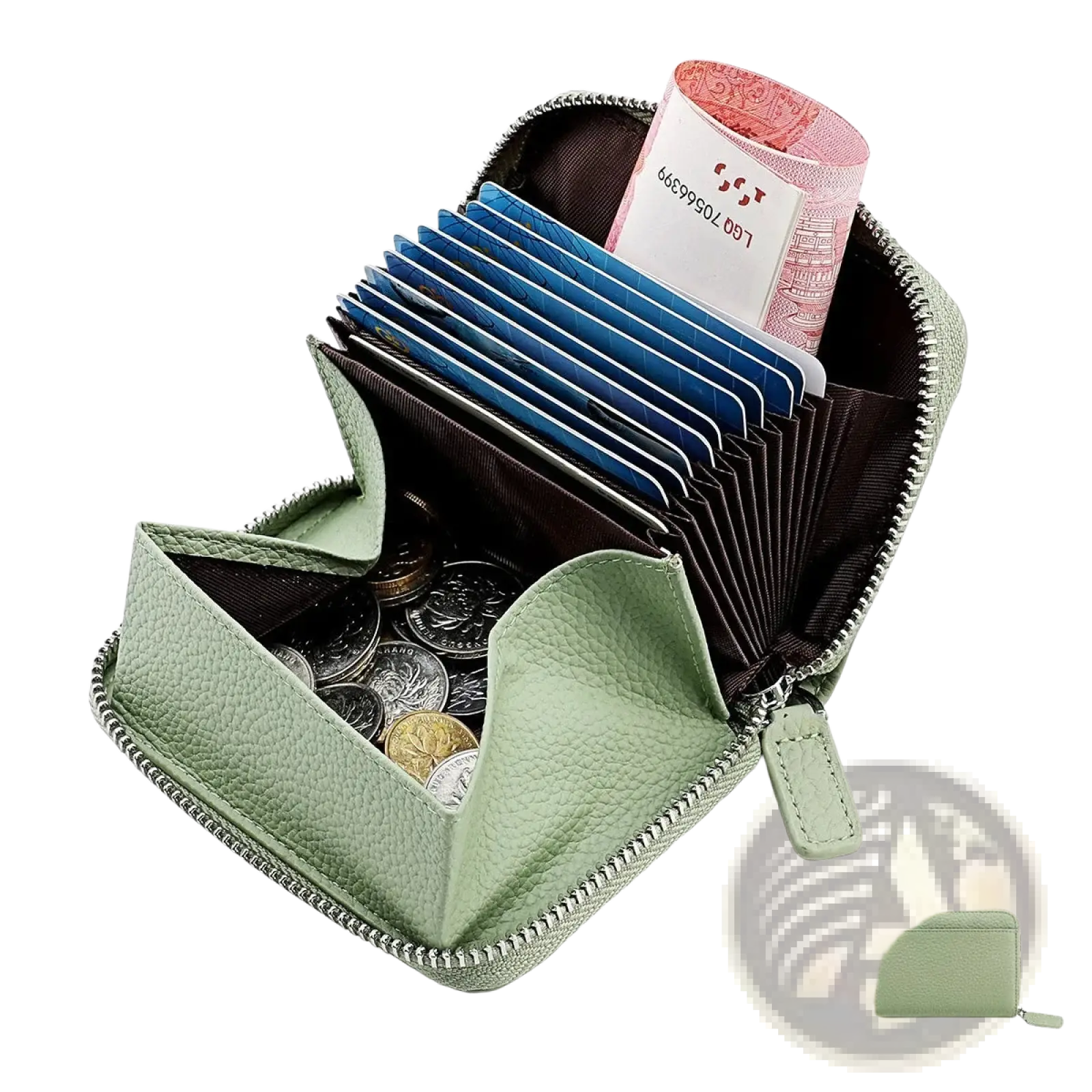 Sage green rfid leather card wallet with zipper coin pocket filled with blue cards coins and a rolled banknote