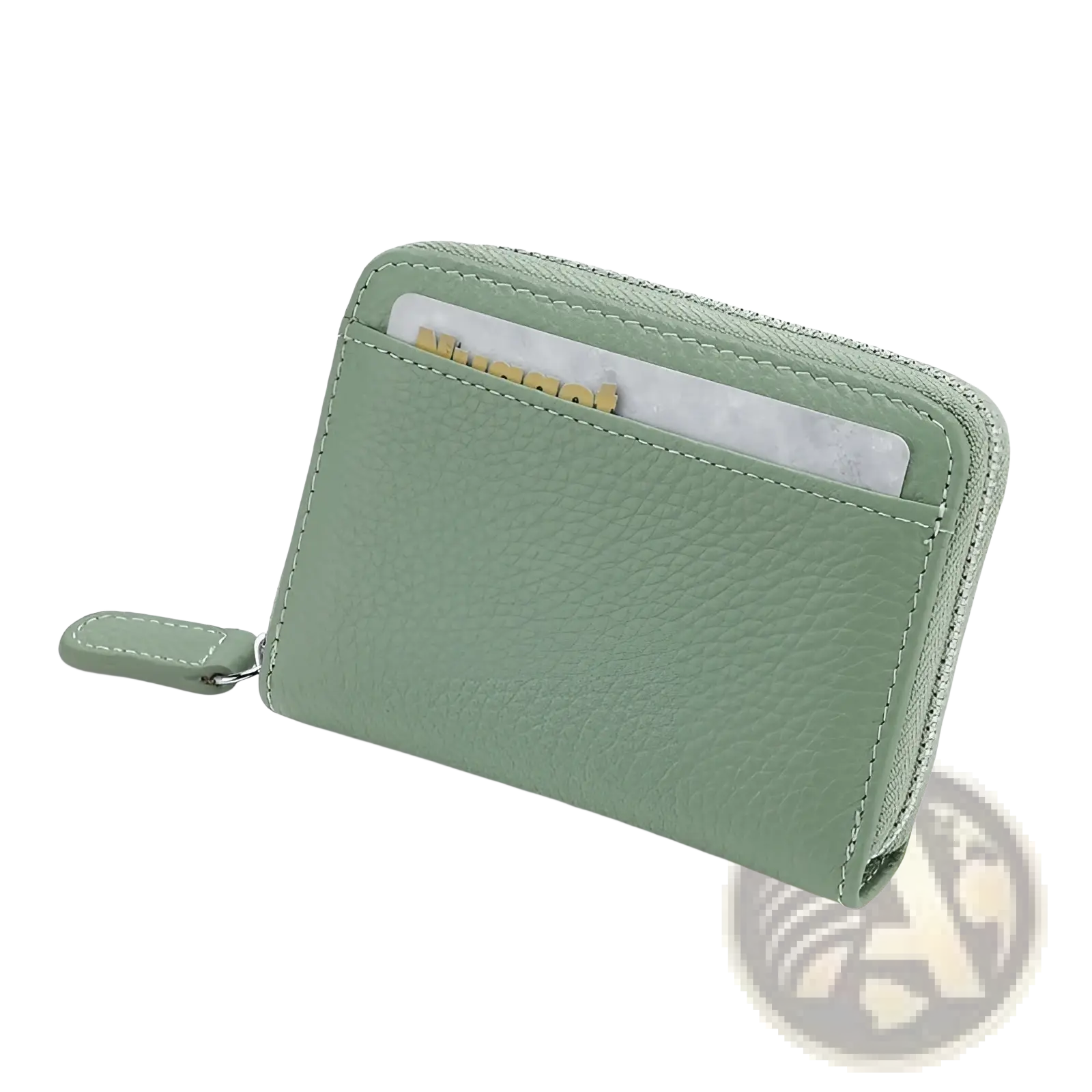 A mint green textured leather rfid card wallet with zipper coin pocket and matching pull tab in sage green