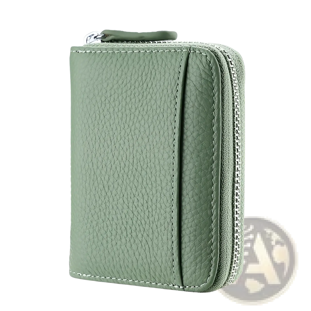 Rf id leather card wallet in sage green with textured leather, silver zipper, and matching stitching