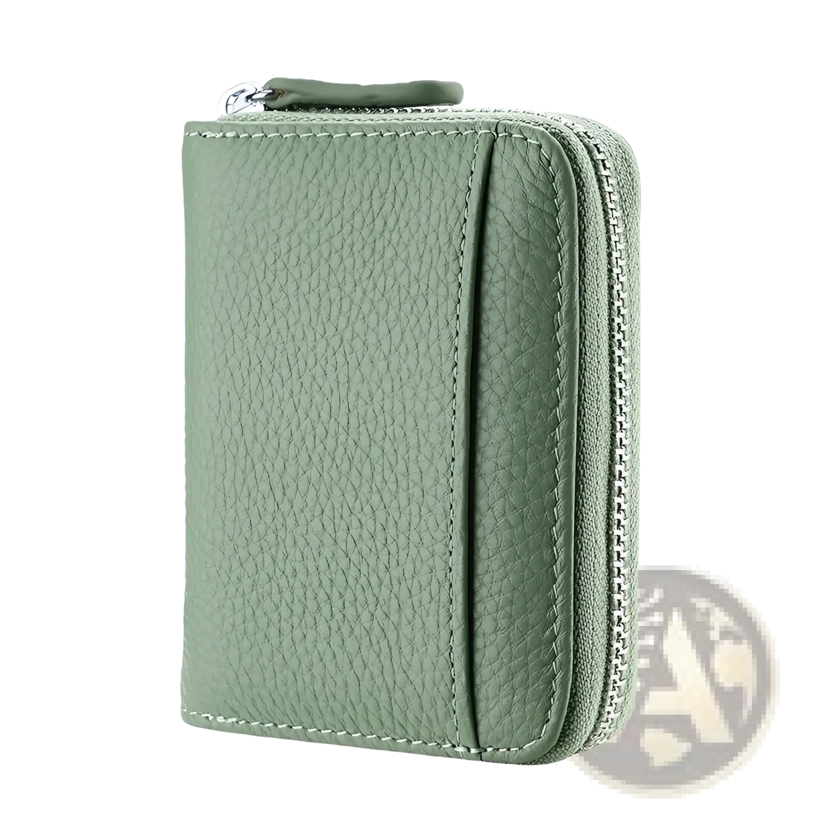 Rf id leather card wallet in sage green with textured leather, silver zipper, and matching stitching