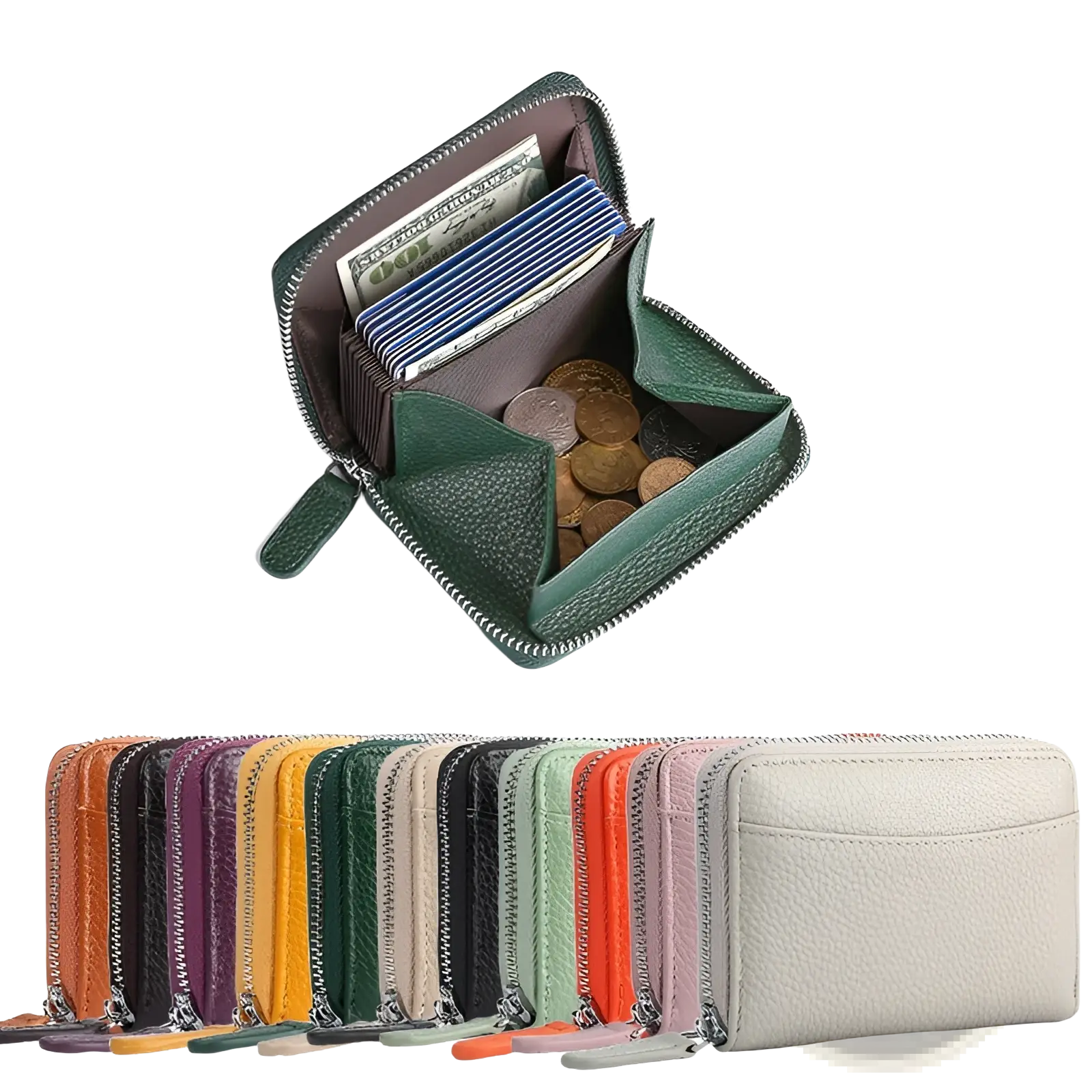 Rfid leather card wallet in sage green shown open with textured leather, card slots, and zipper coin pocket