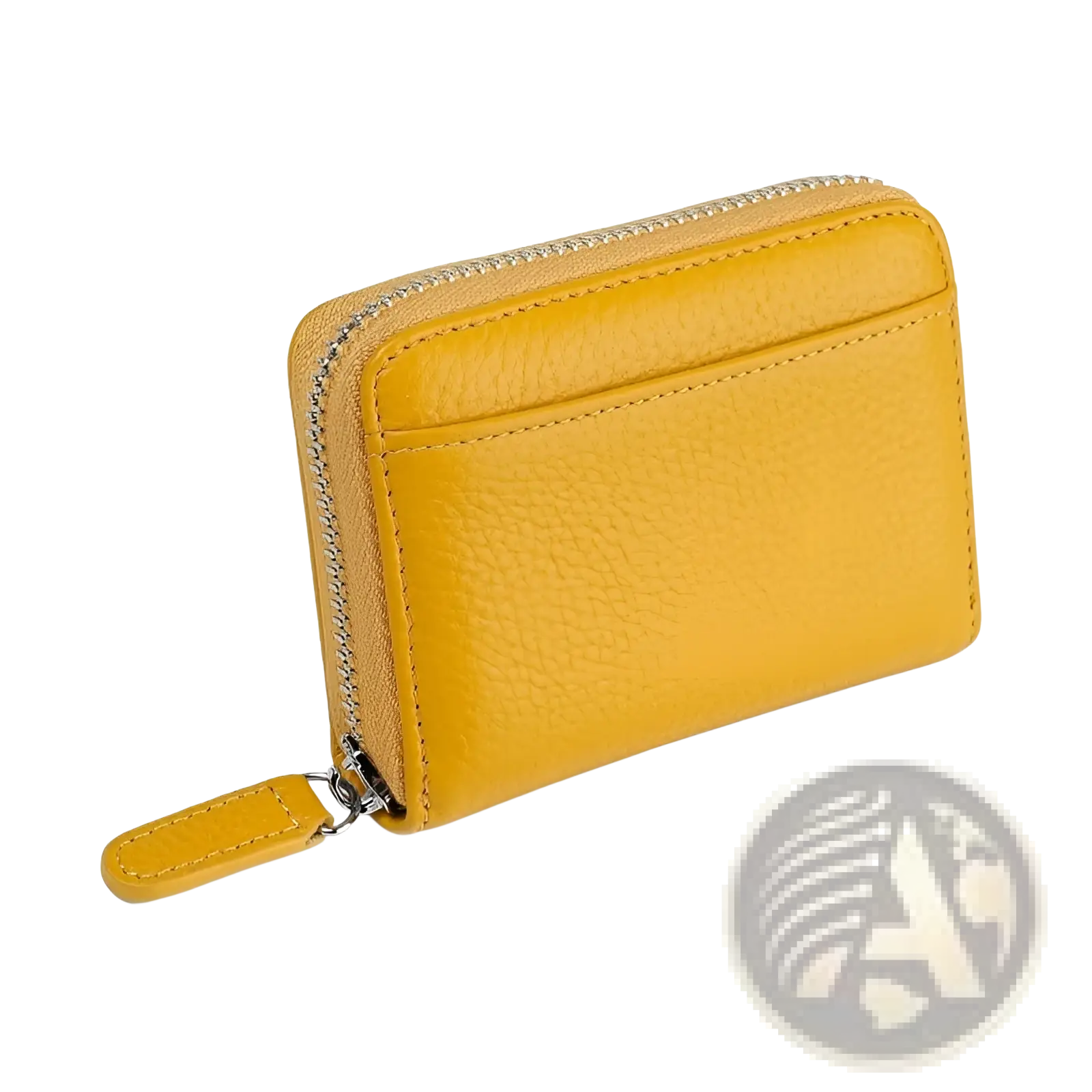A compact yellow RFID leather card wallet with textured surface and silver zipper coin pocket