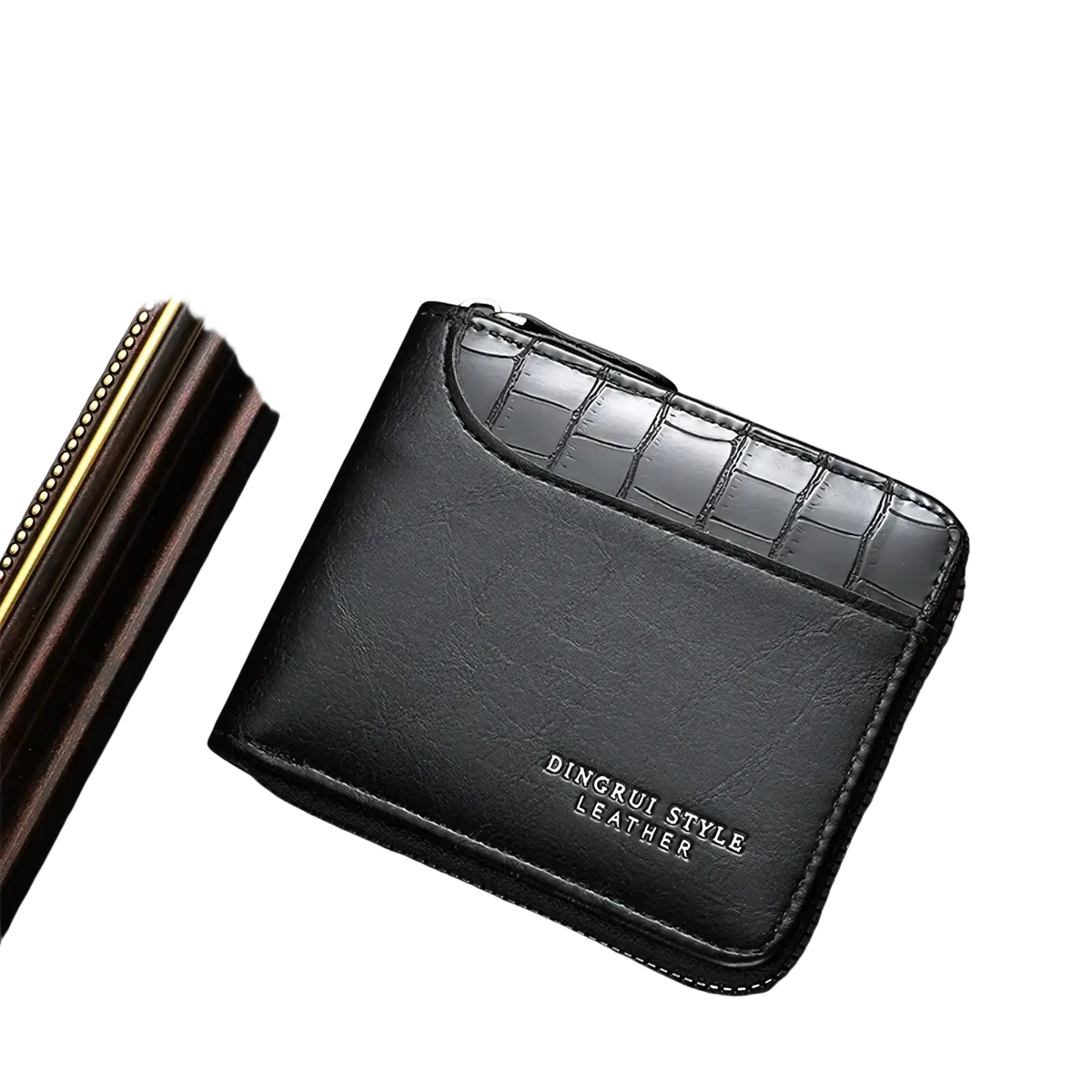 Black leather RFID mens wallet with crocodile texture flap and Dingrui style leather embossed on the front