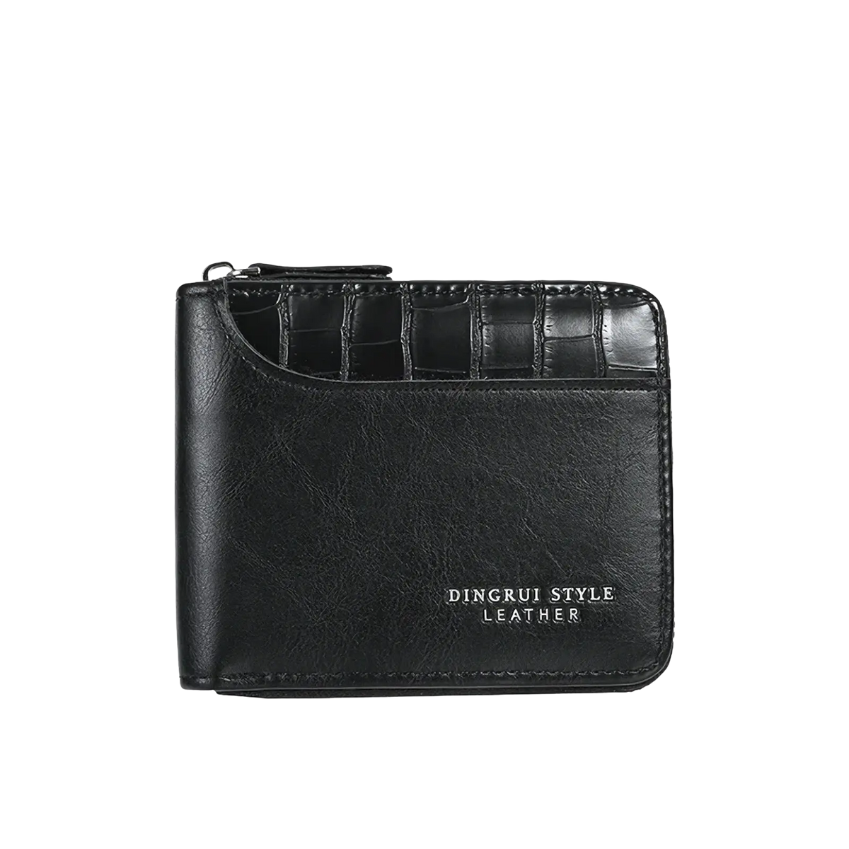 Black leather rfid mens wallet with crocodile-textured top flap and dingrui style leather embossed in silver