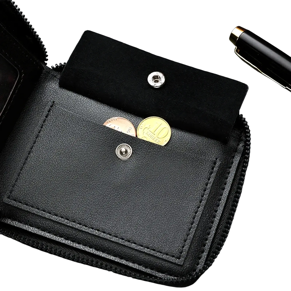 Black leather rfid mens wallet with zipper closure and two silver snap buttons on the coin compartment